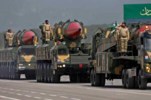 Pakistani-made Shaheen-III and Ghauri missiles, which are capable of carrying nuclear warheads, are displayed during a military parade in Islamabad on March 23, 2022. (Anjum Naveed/AP)