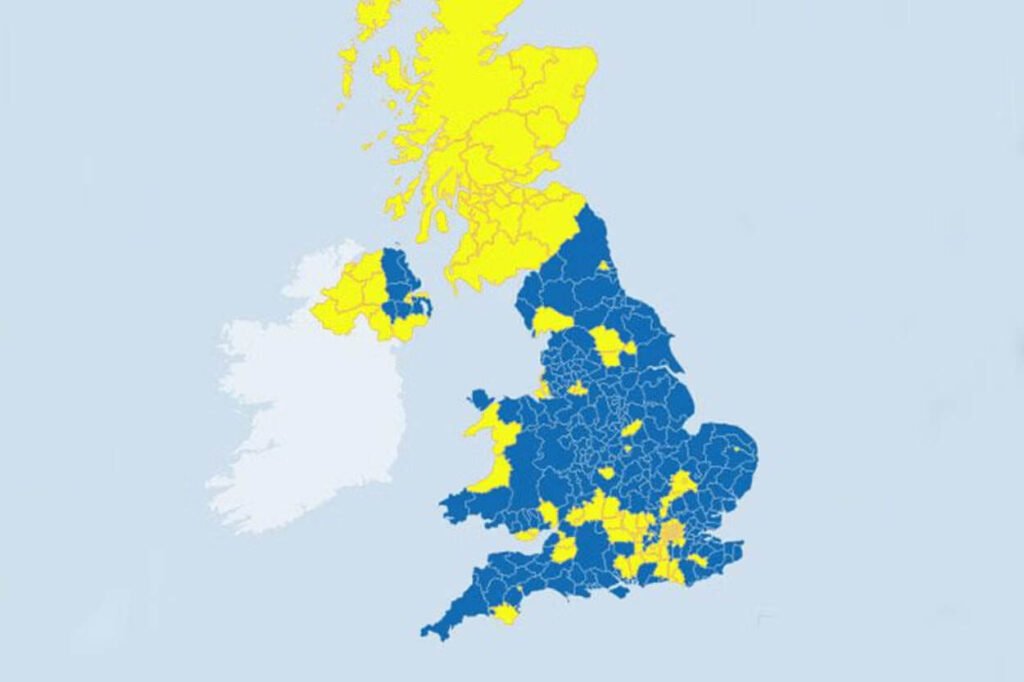 A map of the UK showing the electoral results on Brexit with Yellow Opposing Brexit and Blue supporting it