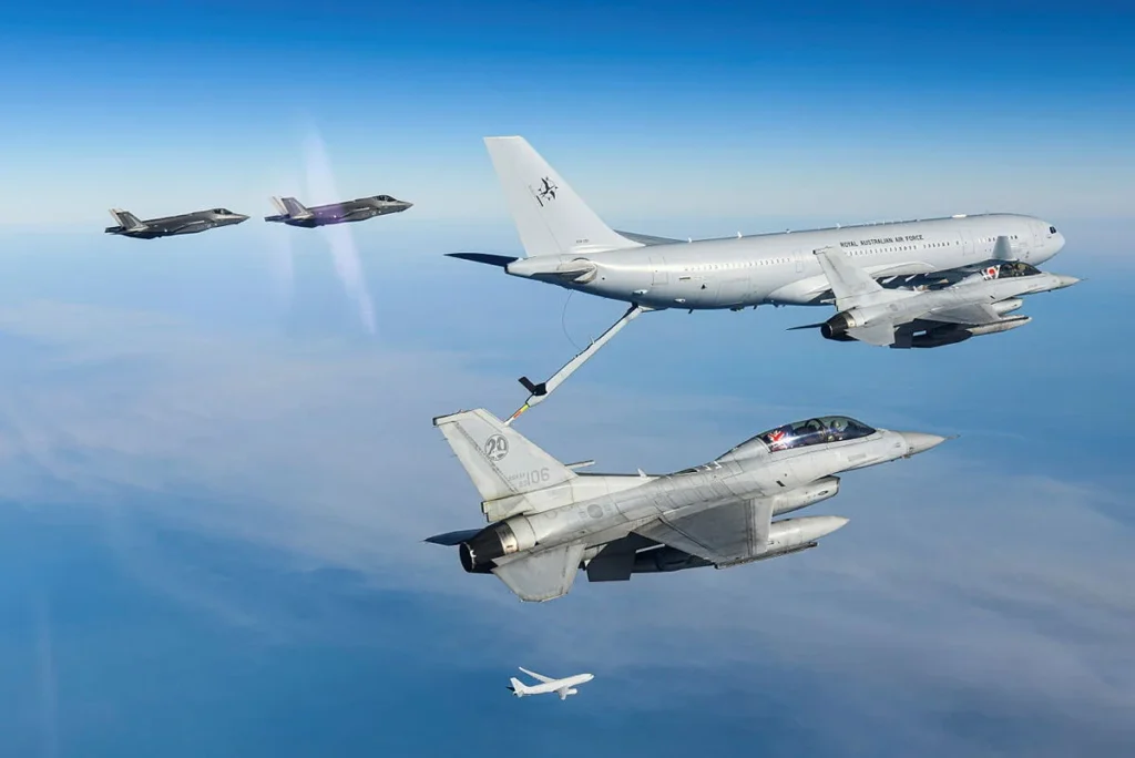 South Korean F-16s and F-35 during an exercise demonstrating in-flight refueling